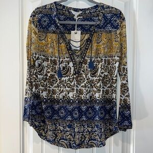 Lucky brand NWT boho hippie western lace up tassel blouse size small